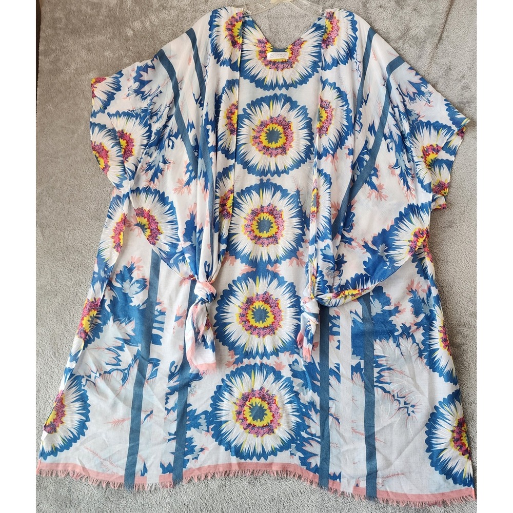 Janice Apparel Kimono Wrap Womens One Size Blue Pink Floral Fringe Kaftan